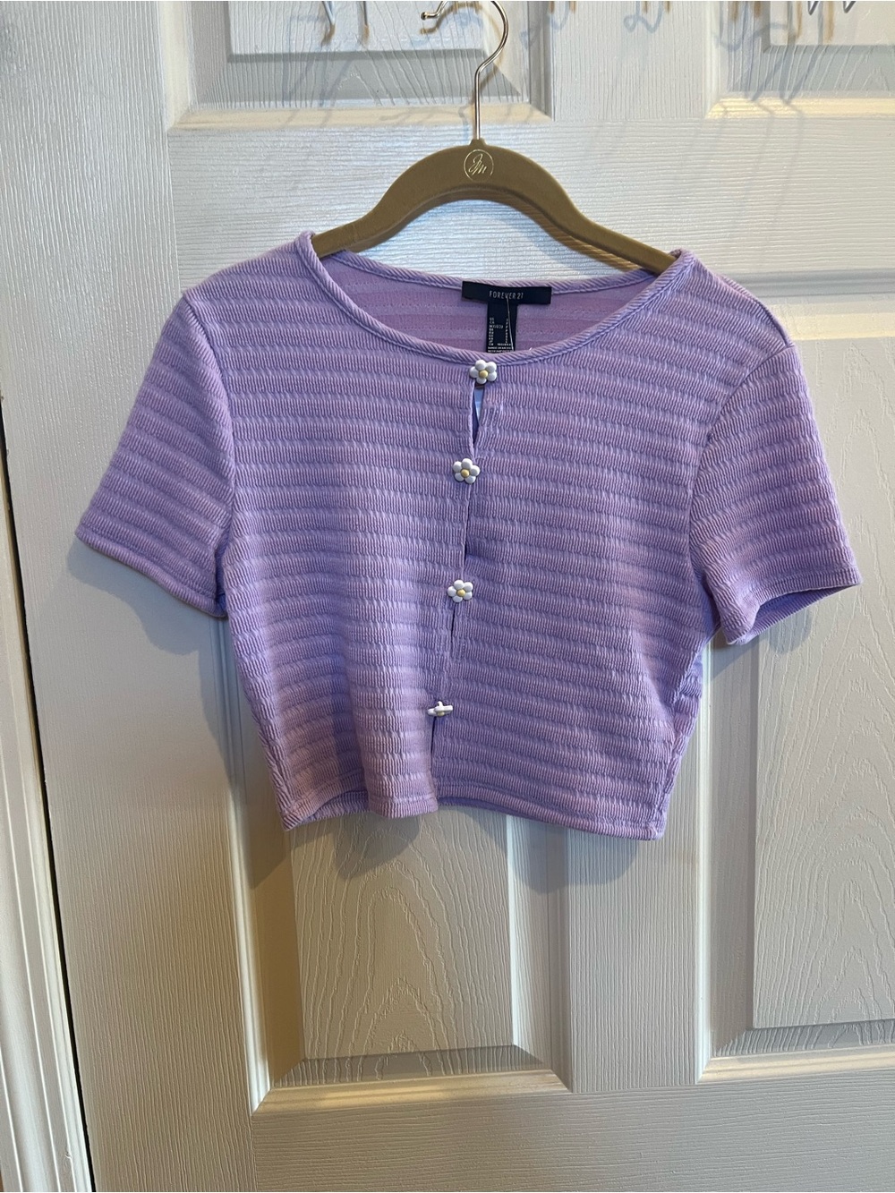 Forever 21 Lavender Ribbed Cropped Button-Up Top with Pearl Flower Buttons
